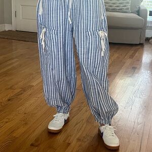 Women's Blue Striped Drawstring Jogger Pants